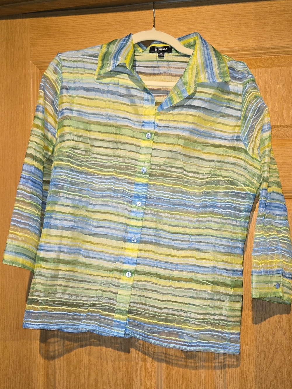 Elementz Striped Semi-Sheer Button-Up in Blue, Green & Yellow